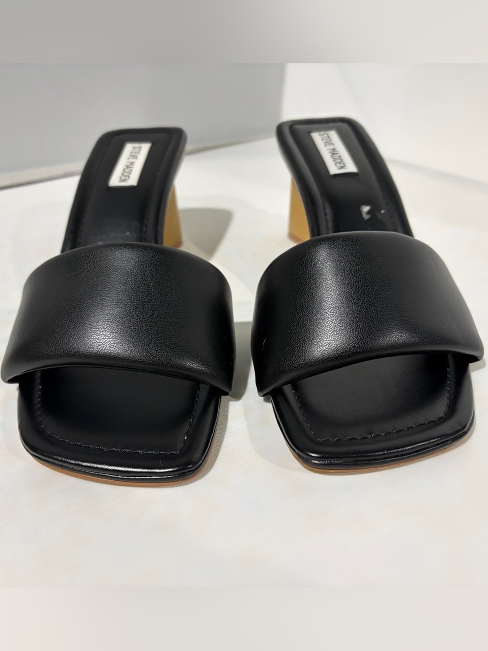 Steve Madden Black Square-Toe Slide Mules with Tan Heel